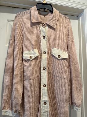 NWOT POL Blush/Cream Waffle-Knit Button Front Elbow Patch Shacket Oversized Med